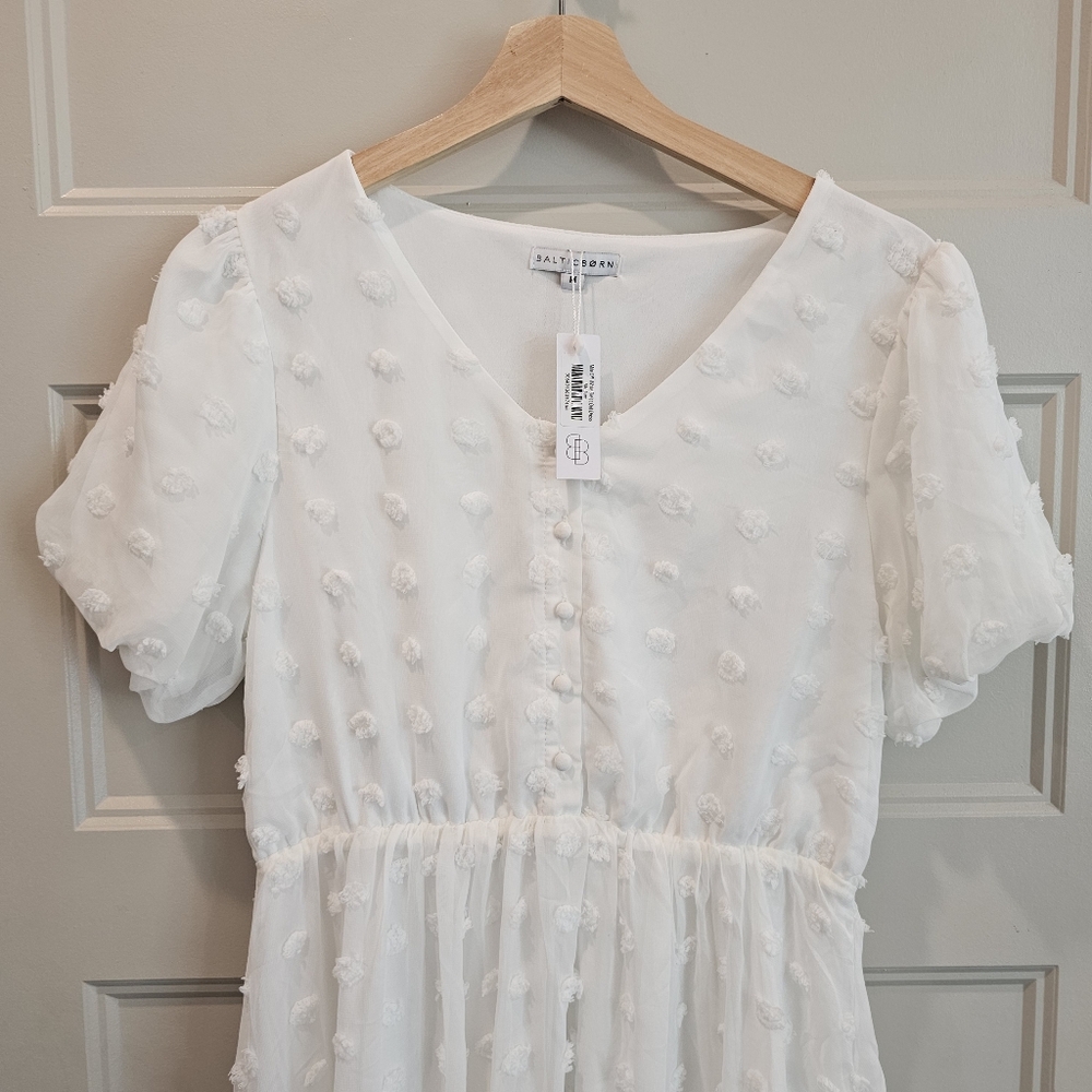 Baltic Born Mila White Swiss Dot Puff Short Sleeve Lined Dress M - Picture 4 of 12